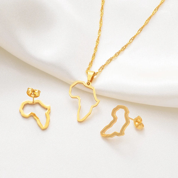 Anniyo SMALL African Outline Map Necklaces Stud Earrings Sets Gold Color Stainless Steel Africa Map Jewelry Party Sets #152521
