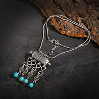 Bohemia Vintage Ethnic Leaf Red Stone Tassel Necklace For Women Gypsy Sliver Color Long Chain Necklace For Girls Tibetan Jewelry
