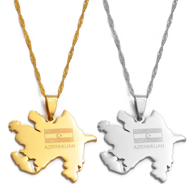Anniyo Gold Color Azerbaijan Map & Flag Pendant Necklaces Azerbaycan of Maps Jewelry  #010521