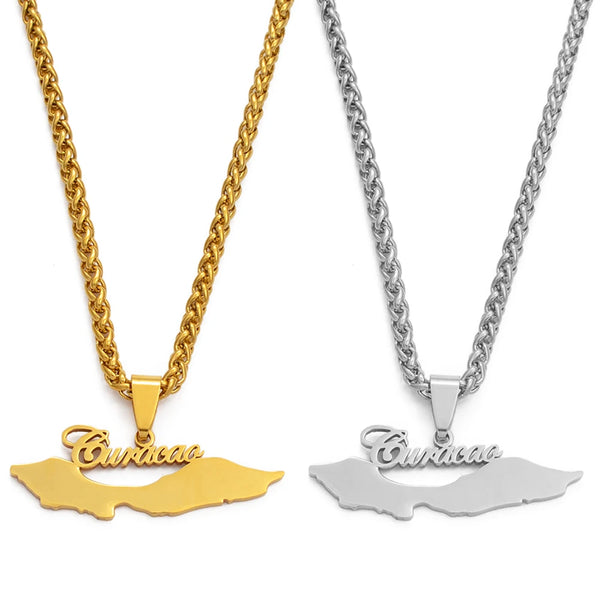 Anniyo 4cm Curacao Islands Map Pendant Necklaces Silver Color stainless steel/Gold Color Jewelry Maps  for Women Men @131521