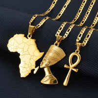 Anniyo 3Pieces Ankh Nefertiti & Africa Map Pendant Necklaces Gold Color Wedding Birthday Party Ethnic Jewelry Women Men #256306