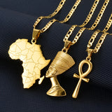 Anniyo 3Pieces Ankh Nefertiti & Africa Map Pendant Necklaces Gold Color Wedding Birthday Party Ethnic Jewelry Women Men #256306