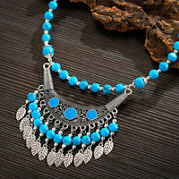 Bohemia Vintage Ethnic Leaf Red Stone Tassel Necklace For Women Gypsy Sliver Color Long Chain Necklace For Girls Tibetan Jewelry