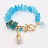 GG Natural Blue Glass Quartz Electroplate Gold Color Plated Keshi Pearl Bracelet CZ Starfish Charms Handmade For Women
