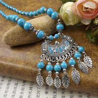 Bohemia Vintage Ethnic Leaf Red Stone Tassel Necklace For Women Gypsy Sliver Color Long Chain Necklace For Girls Tibetan Jewelry