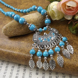 Bohemia Vintage Ethnic Leaf Red Stone Tassel Necklace For Women Gypsy Sliver Color Long Chain Necklace For Girls Tibetan Jewelry