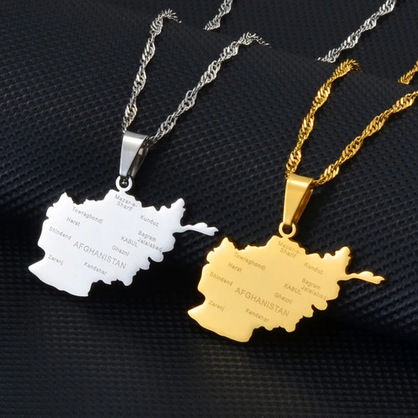 Anniyo Afghanistan Map With City Name Pendant Necklaces for Women,Gold Color/Silver Color Afghan Maps Jewelry #175821