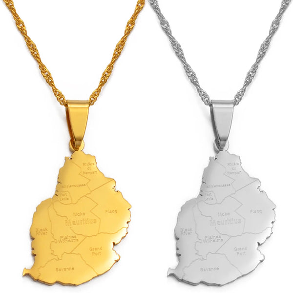 Anniyo 3.2cm Mauritius Map City Name Pendant Necklaces for Women Girl Silver Color/Gold Color Mauritius Africa Jewelry @127821