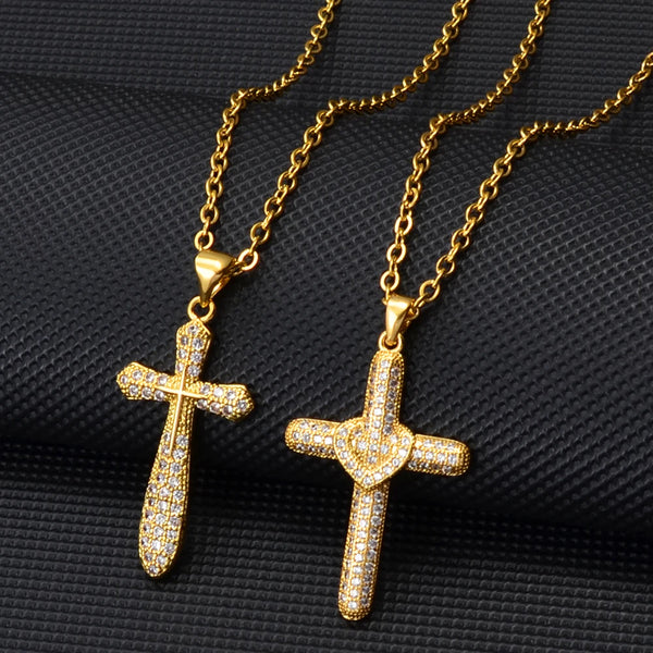 Anniyo Cross Necklaces Women Girl Charms Pendant Cubic Zirconia Crosses Jewelry CZ Christian Catholic Religious Ornaments#134916