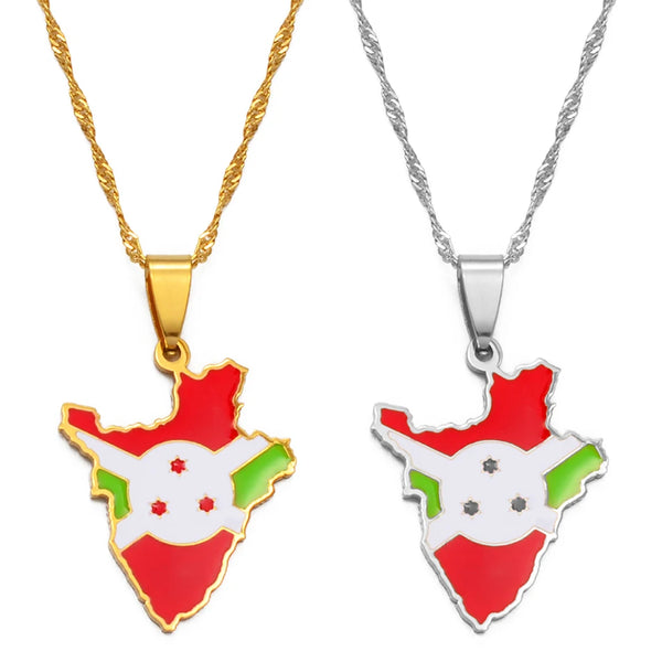 Anniyo Burundi Map & Flag Pendant Necklaces Stainless Steel Jewelry Burundian Ethnic s #168721