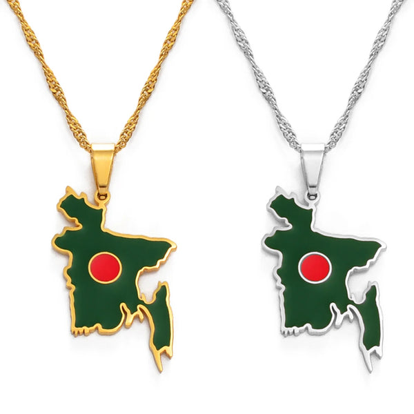Anniyo 2.8CM Bangladesh Map Flag Pendant Necklaces for Women Girls Stainless Steel Bangladeshi Maps Chains Bengali #155221