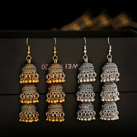 Retro Indian Bollywood Kundan Jhumka Jhumki Three-layer Drop Earrings For Women Boho Ethnic Gypsy Fashion Wedding Wear Jewelry