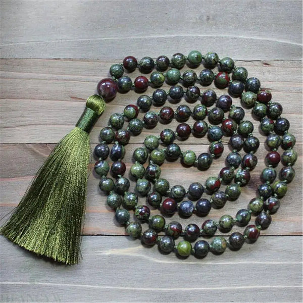 8mm Natural Dragon Blood Jasper 108 Beads Tassel Mala Necklace Religious Buddhism Unisex Wrist Blessing
