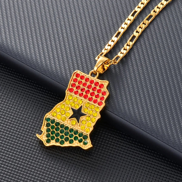 Anniyo Ghana Map Flag With Stone Pendant Necklace Gold Color Jewelry Ghanaian Country Maps Patriotic National Day  @@240906