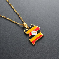 Anniyo Uganda Map & Flag Pendant Necklace Gold Color Jewelry Ugandan Maps for Women Men  #155121