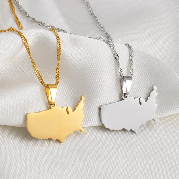 Anniyo American Map Pendant and Necklaces for Women Girls United States Map Jewelry USA #212021