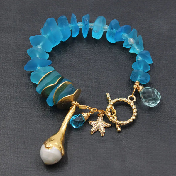 GG Natural Blue Glass Quartz Electroplate Gold Color Plated Keshi Pearl Bracelet CZ Starfish Charms Handmade For Women