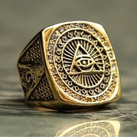 Vintage Heavy Stainless Steel All Seeing Eye Ring For Men Crystal Gold Color Mason Masonic Punk Male Ring Fashion Jewelry Gift