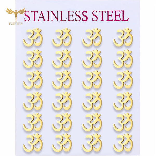 12 Pairs Aum Om Ohm Symbol Stud Earrings Women Indian Yoga Sport Jewelry Earings Set Wholesale Stainless Steel Ornament Gifts