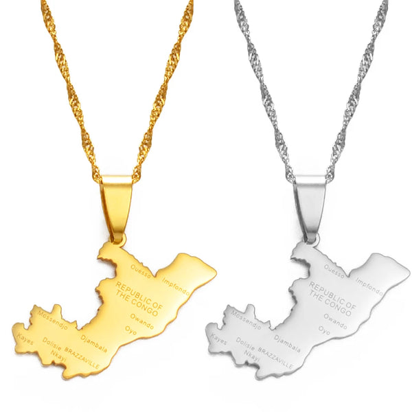 Anniyo Republic of the Congo Map & City Name Charm Pendant Necklaces Brazzaville Ethnic Ornament Jewelry #175921