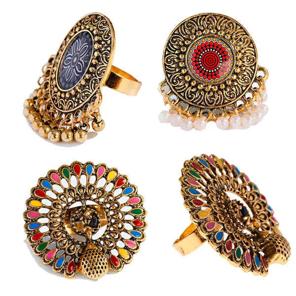 Vintage Gold Color Women Rings Indian Jewelry Engraved Flower Pattern Retro Party Female Pearl Tassel Finger Ring Stylish