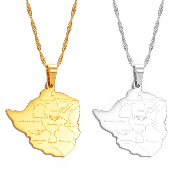 Anniyo Map of Zimbabwe With City Pendant Necklaces Silver Color/Gold Color Women Stainless Steel Zimbabweans Maps Chains #070921