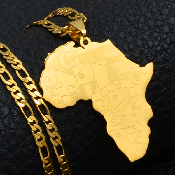 Anniyo Africa Map Wth Country Flags Pendant Necklaces for Men Women Unisex,Gold Plated Congo Ghana Nigeria Jewelry #035321