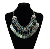 Gypsy Turkish Boho Antique Red Green Stone Choker Necklace with Coin Tassel Ethnic Coin Statement Necklace Vintage Jewelry Gift