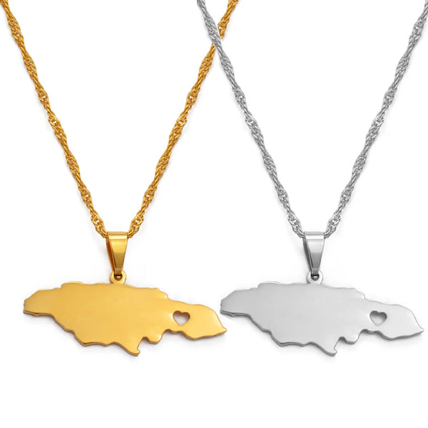 Anniyo Heart Jamaica Map Pendant Necklaces for Women Girls Gold Color Jewelry Jamaican Patriotic  @024621