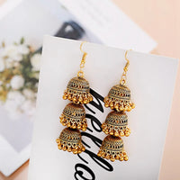 Retro Indian Bollywood Kundan Jhumka Jhumki Three-layer Drop Earrings For Women Boho Ethnic Gypsy Fashion Wedding Wear Jewelry