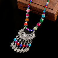 Bohemia Vintage Ethnic Leaf Red Stone Tassel Necklace For Women Gypsy Sliver Color Long Chain Necklace For Girls Tibetan Jewelry