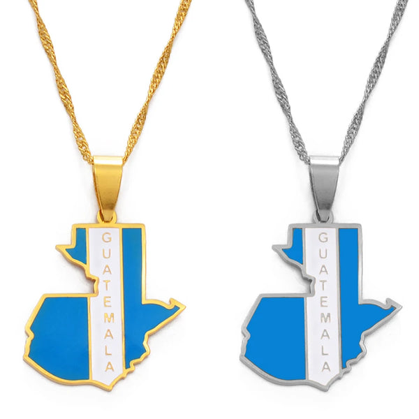 Anniyo Guatemala Map & Color Flag Pendant Necklaces for Women Girls Jewelry Guatemalan #176421