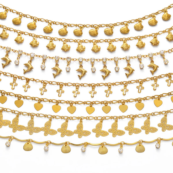 Anniyo Charm Anklet of Butterfly Dolphin Stone Shell Cross Heart fish Foot Chain Gold Color Jewelry Wedding Party Anklet #122616