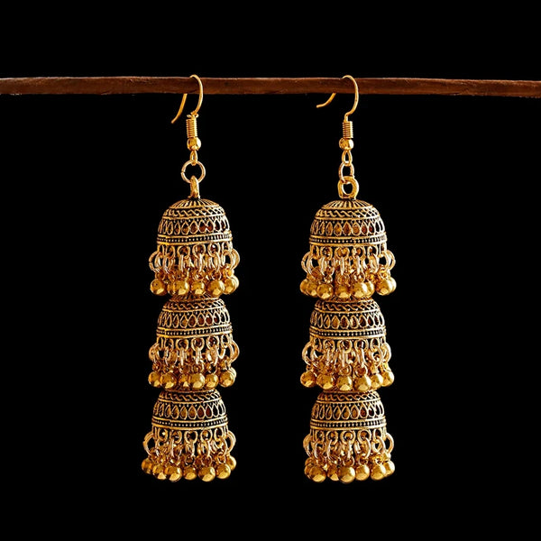Retro Indian Bollywood Kundan Jhumka Jhumki Three-layer Drop Earrings For Women Boho Ethnic Gypsy Fashion Wedding Wear Jewelry