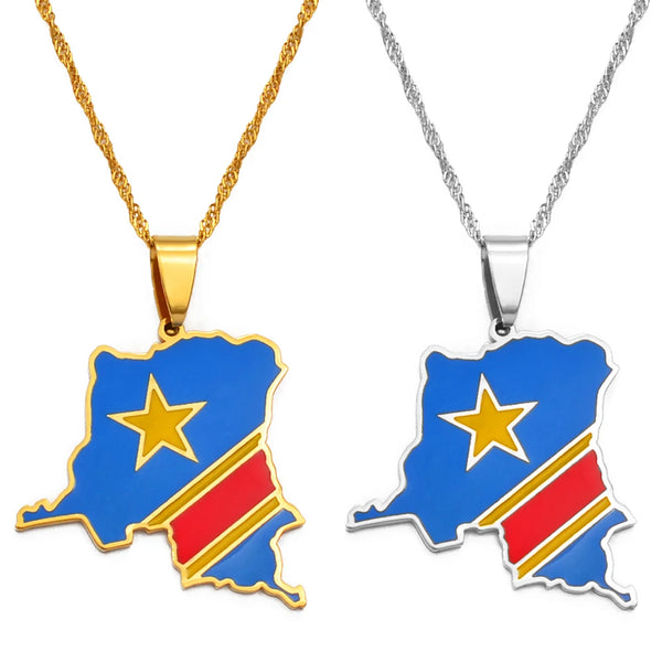 Anniyo 3CM Democratic Republic of the Congo Map Colored Flag Pendant DRC Kinshasa Necklace Ethnic Jewelry @200621