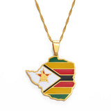 Anniyo Map of Zimbabwe Flag Pendant Necklaces Silver Color/Gold for Women Girls Stainless Steel Zimbabweans Maps Chains #154321