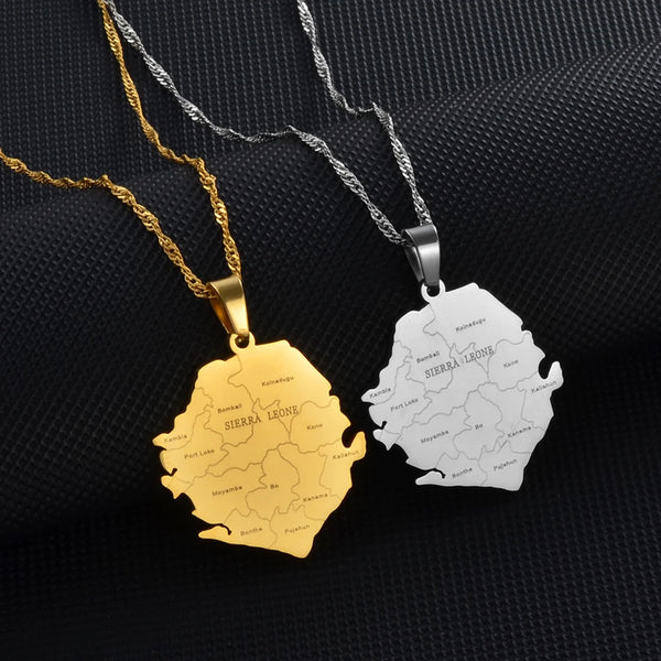 Anniyo Sierra Leone Map and City Pendant Necklaces Gold Silver Color Jewelry For Women Men African Maps Jewellery  #235621