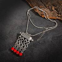 Bohemia Vintage Ethnic Leaf Red Stone Tassel Necklace For Women Gypsy Sliver Color Long Chain Necklace For Girls Tibetan Jewelry