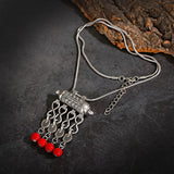 Bohemia Vintage Ethnic Leaf Red Stone Tassel Necklace For Women Gypsy Sliver Color Long Chain Necklace For Girls Tibetan Jewelry