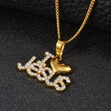 Anniyo Heart I Love Jesus Pendant Chain Necklace Women Girls Gold Color Rhinestone Christian Religious Ornaments Cross @@054306
