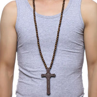 Vnox 36" Long Rosary Necklace Large Wood Jesus Christ Cross Pendant With Wooden Beads Sweater Chain Male Collier Statement Jewel