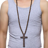 Vnox 36" Long Rosary Necklace Large Wood Jesus Christ Cross Pendant With Wooden Beads Sweater Chain Male Collier Statement Jewel