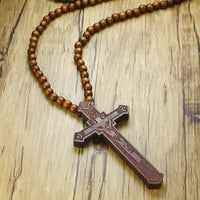 Vnox 36" Long Rosary Necklace Large Wood Jesus Christ Cross Pendant With Wooden Beads Sweater Chain Male Collier Statement Jewel