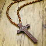 Vnox 36" Long Rosary Necklace Large Wood Jesus Christ Cross Pendant With Wooden Beads Sweater Chain Male Collier Statement Jewel