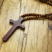 Vnox 36" Long Rosary Necklace Large Wood Jesus Christ Cross Pendant With Wooden Beads Sweater Chain Male Collier Statement Jewel