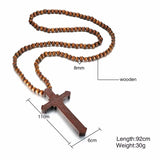 Vnox 36" Long Rosary Necklace Large Wood Jesus Christ Cross Pendant With Wooden Beads Sweater Chain Male Collier Statement Jewel