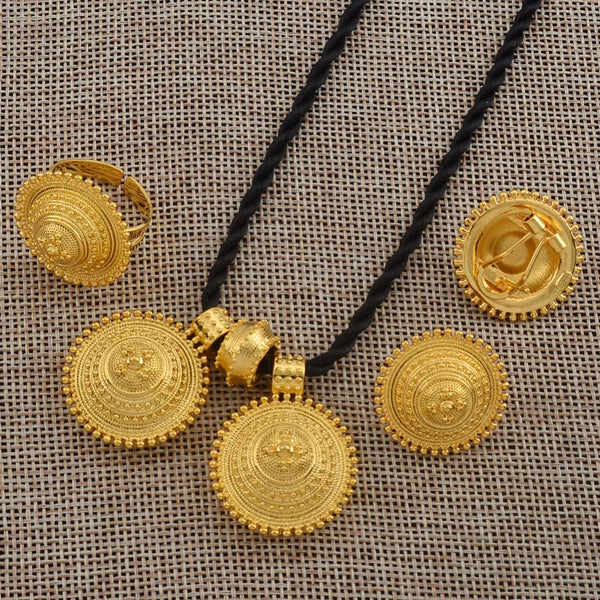 Anniyo Ethiopian set Jewelry Pendant Rope Earring Ring Gold Color Eritrea Africa Wedding Engagement sets Habesha  #217106
