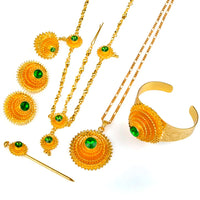 Anniyo Ethiopian Jewelry set Gold Color Green Stone With Hair Piece Hair Pin Women Fashion Eritrea Habesha African #002117