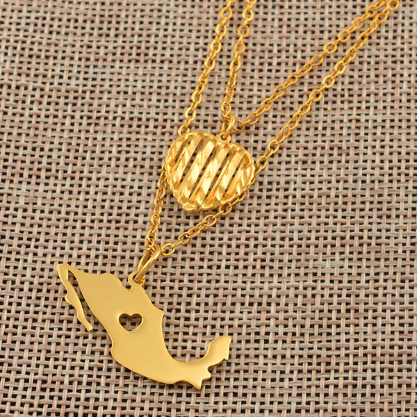 Anniyo Heart and Mexico Map Pendant Necklaces for Women Girls Gold Color Jewelry Mexican Maps #141006
