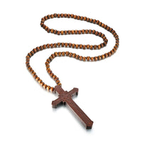 Vnox 36" Long Rosary Necklace Large Wood Jesus Christ Cross Pendant With Wooden Beads Sweater Chain Male Collier Statement Jewel